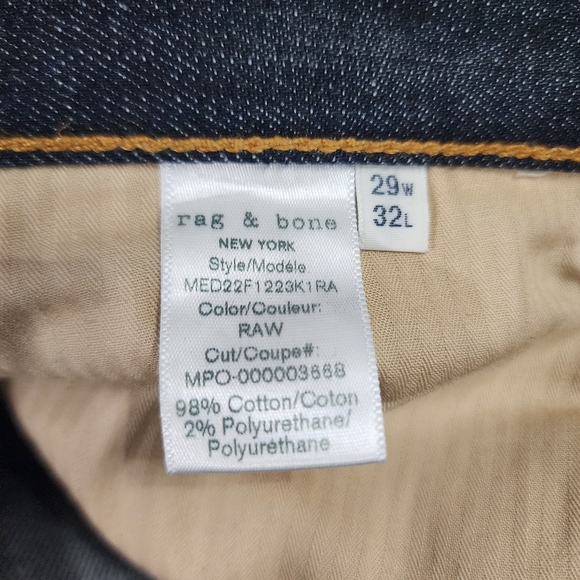 NEW Rag & Bone Dark Wash Raw Fit 2 Slim Fit Jeans 29 x 32